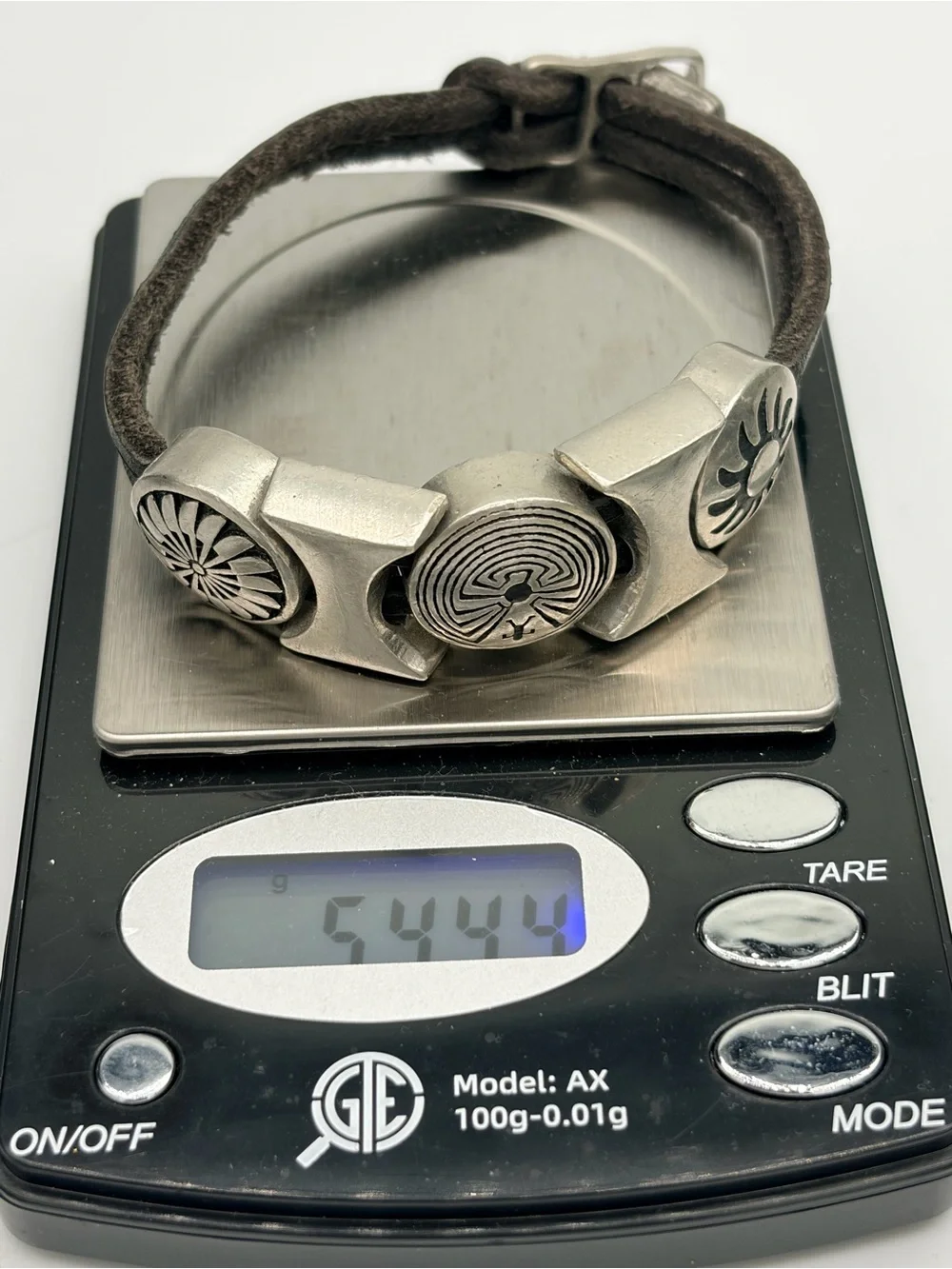 Black Leather and Cast Pewter Tribal Disc Bracelet - Native American